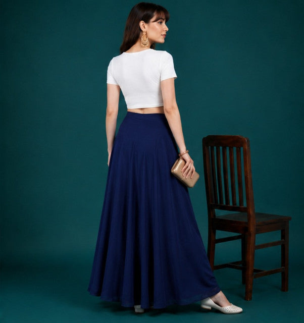 Women's Georgette Solid Mid-Rise Wide Leg Flared Palazzo with Elastic Waist (Navy Blue)