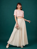 Women's Georgette Solid Mid-Rise Wide Leg Flared Palazzo with Elastic Waist (Cream)