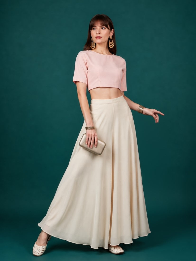Women's Georgette Solid Mid-Rise Wide Leg Flared Palazzo with Elastic Waist (Cream)