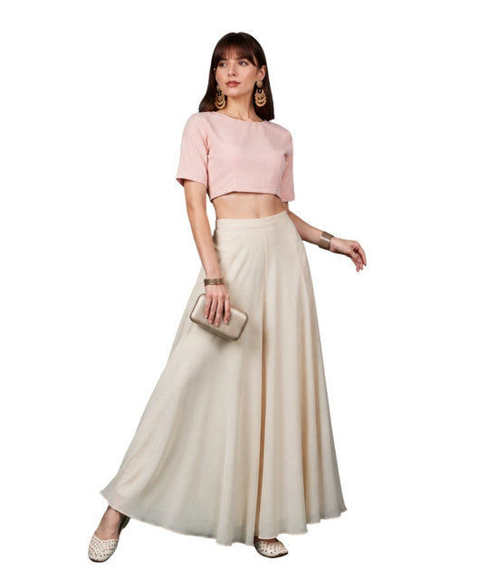 Women's Georgette Solid Mid-Rise Wide Leg Flared Palazzo with Elastic Waist (Cream)