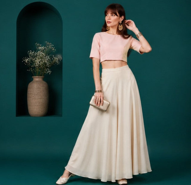 Women's Georgette Solid Mid-Rise Wide Leg Flared Palazzo with Elastic Waist (Cream)