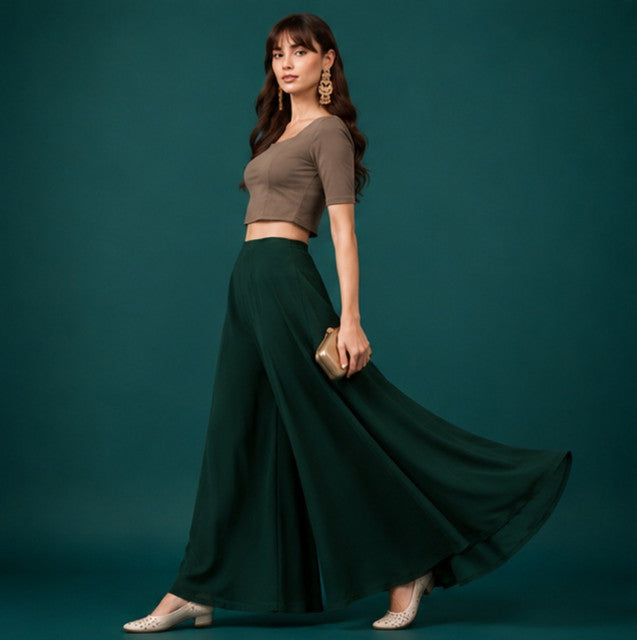 Women's Georgette Solid Mid-Rise Wide Leg Flared Palazzo with Elastic Waist (Bottle Green)