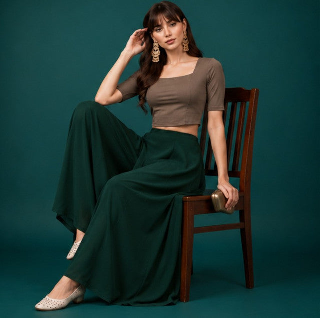 Women's Georgette Solid Mid-Rise Wide Leg Flared Palazzo with Elastic Waist (Bottle Green)