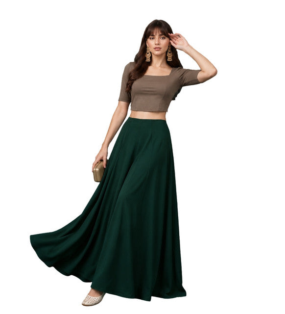 Women's Georgette Solid Mid-Rise Wide Leg Flared Palazzo with Elastic Waist (Bottle Green)