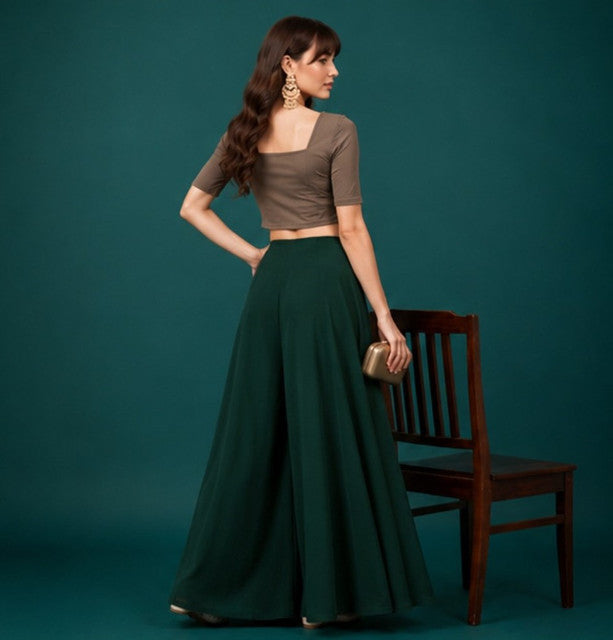 Women's Georgette Solid Mid-Rise Wide Leg Flared Palazzo with Elastic Waist (Bottle Green)