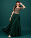 Women's Georgette Solid Mid-Rise Wide Leg Flared Palazzo with Elastic Waist (Bottle Green)