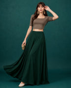 Women's Georgette Solid Mid-Rise Wide Leg Flared Palazzo with Elastic Waist (Bottle Green)