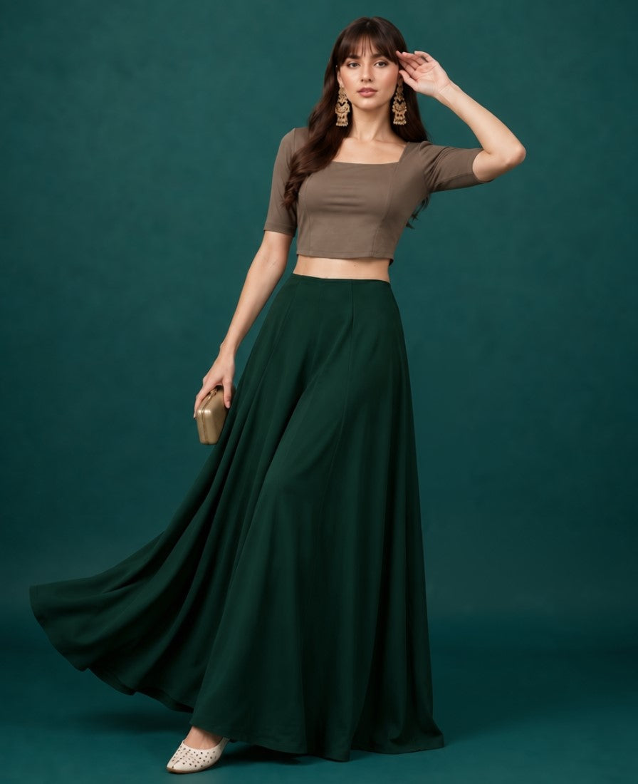 Women's Georgette Solid Mid-Rise Wide Leg Flared Palazzo with Elastic Waist (Bottle Green)