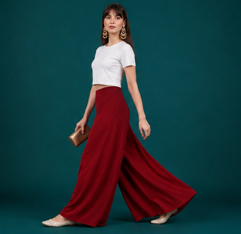 Women's Georgette Solid Mid-Rise Wide Leg Flared Palazzo with Elastic Waist (Maroon)