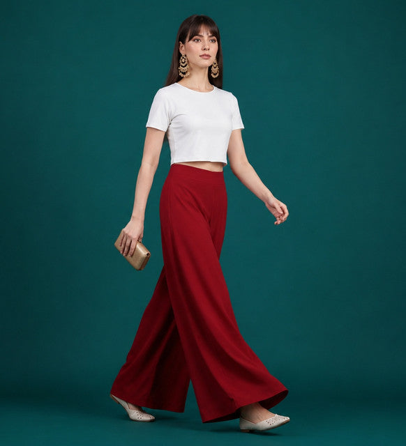 Women's Georgette Solid Mid-Rise Wide Leg Flared Palazzo with Elastic Waist (Maroon)