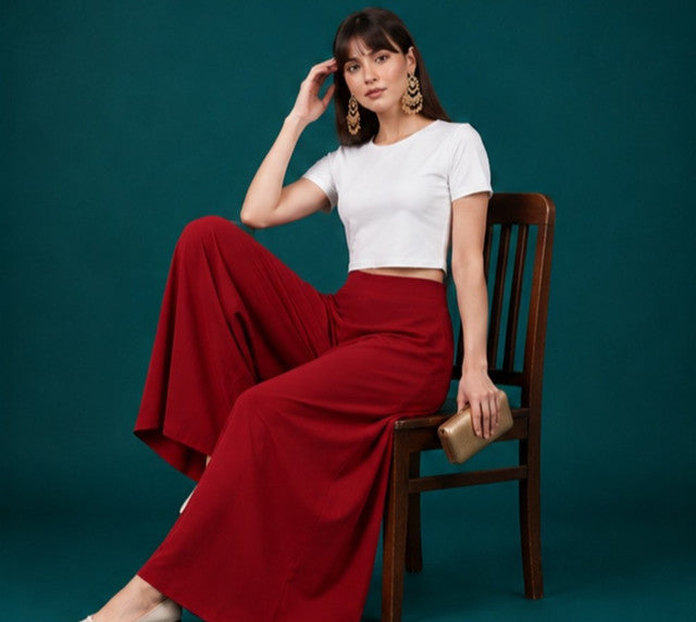 Women's Georgette Solid Mid-Rise Wide Leg Flared Palazzo with Elastic Waist (Maroon)