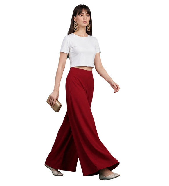 Women's Georgette Solid Mid-Rise Wide Leg Flared Palazzo with Elastic Waist (Maroon)