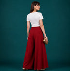Women's Georgette Solid Mid-Rise Wide Leg Flared Palazzo with Elastic Waist (Maroon)