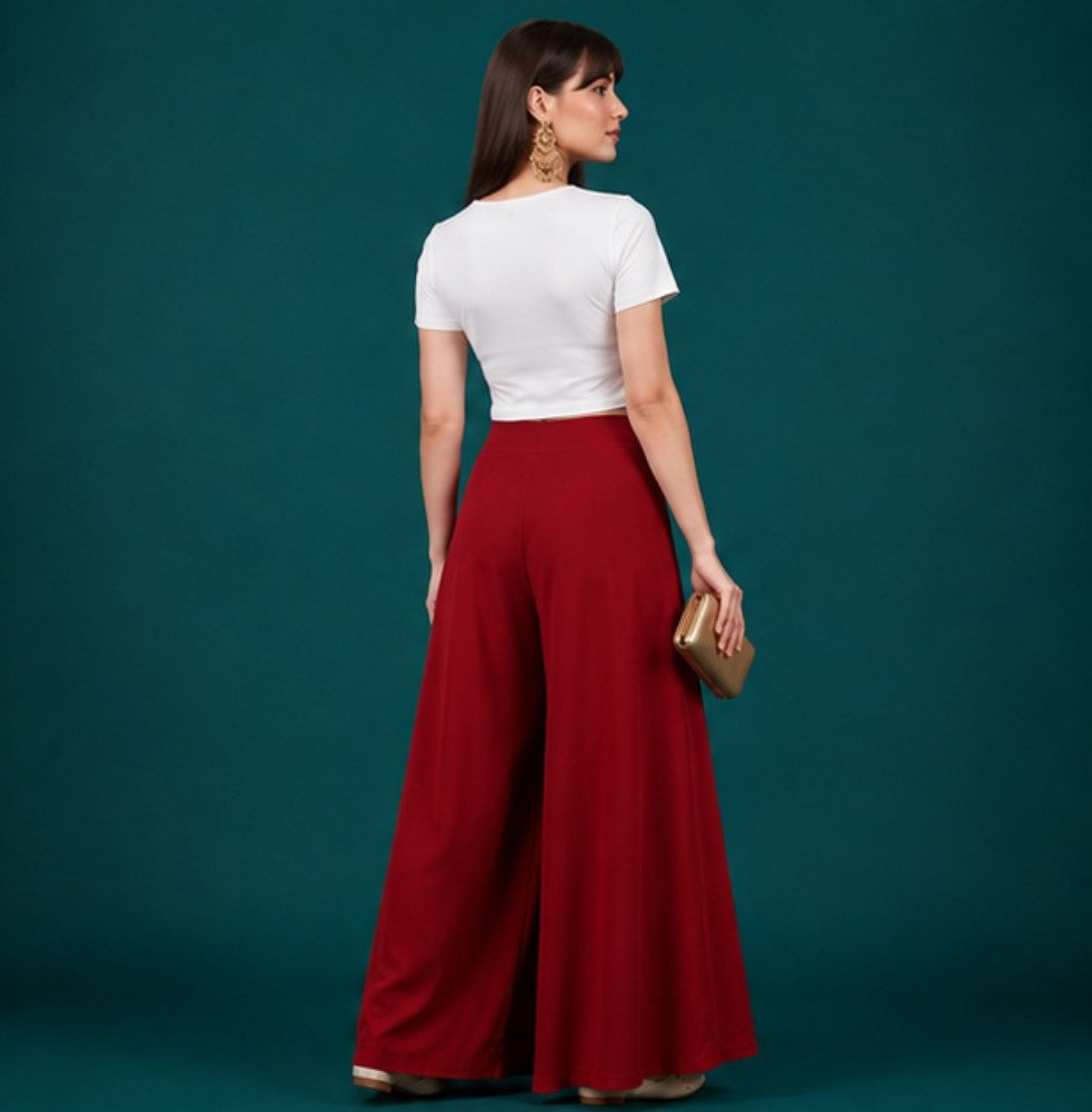 Women's Georgette Solid Mid-Rise Wide Leg Flared Palazzo with Elastic Waist (Maroon)