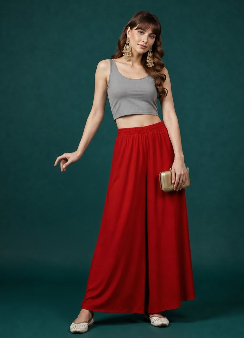 Women's Georgette Solid Mid-Rise Wide Leg Flared Palazzo with Elastic Waist (Red)