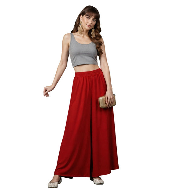 Women's Georgette Solid Mid-Rise Wide Leg Flared Palazzo with Elastic Waist (Red)