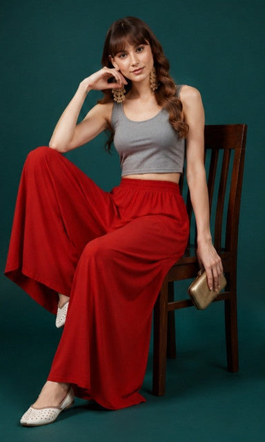 Women's Georgette Solid Mid-Rise Wide Leg Flared Palazzo with Elastic Waist (Red)