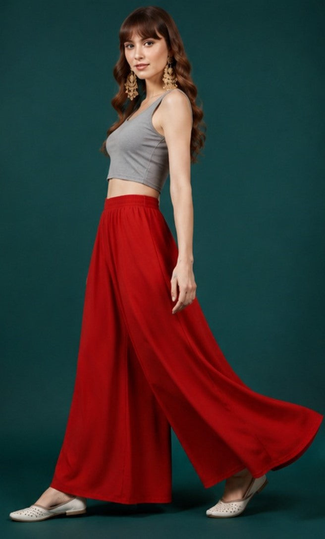 Women's Georgette Solid Mid-Rise Wide Leg Flared Palazzo with Elastic Waist (Red)
