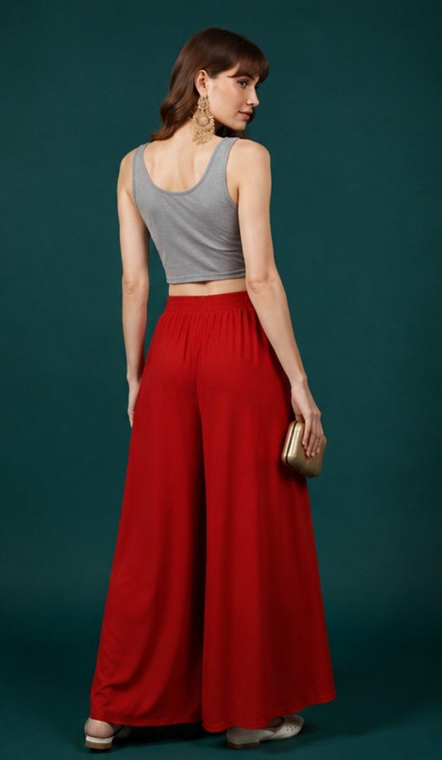 Women's Georgette Solid Mid-Rise Wide Leg Flared Palazzo with Elastic Waist (Red)