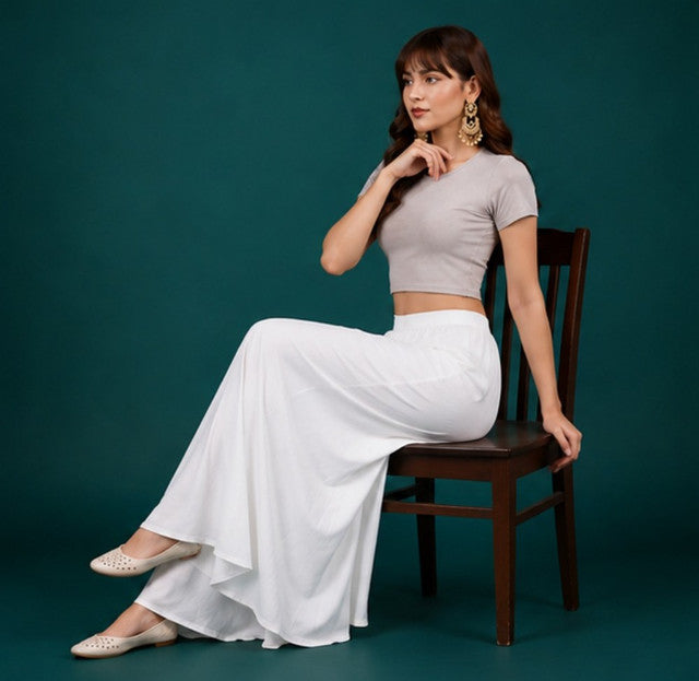 Women's Georgette Solid Mid-Rise Wide Leg Flared Palazzo with Elastic Waist (White)
