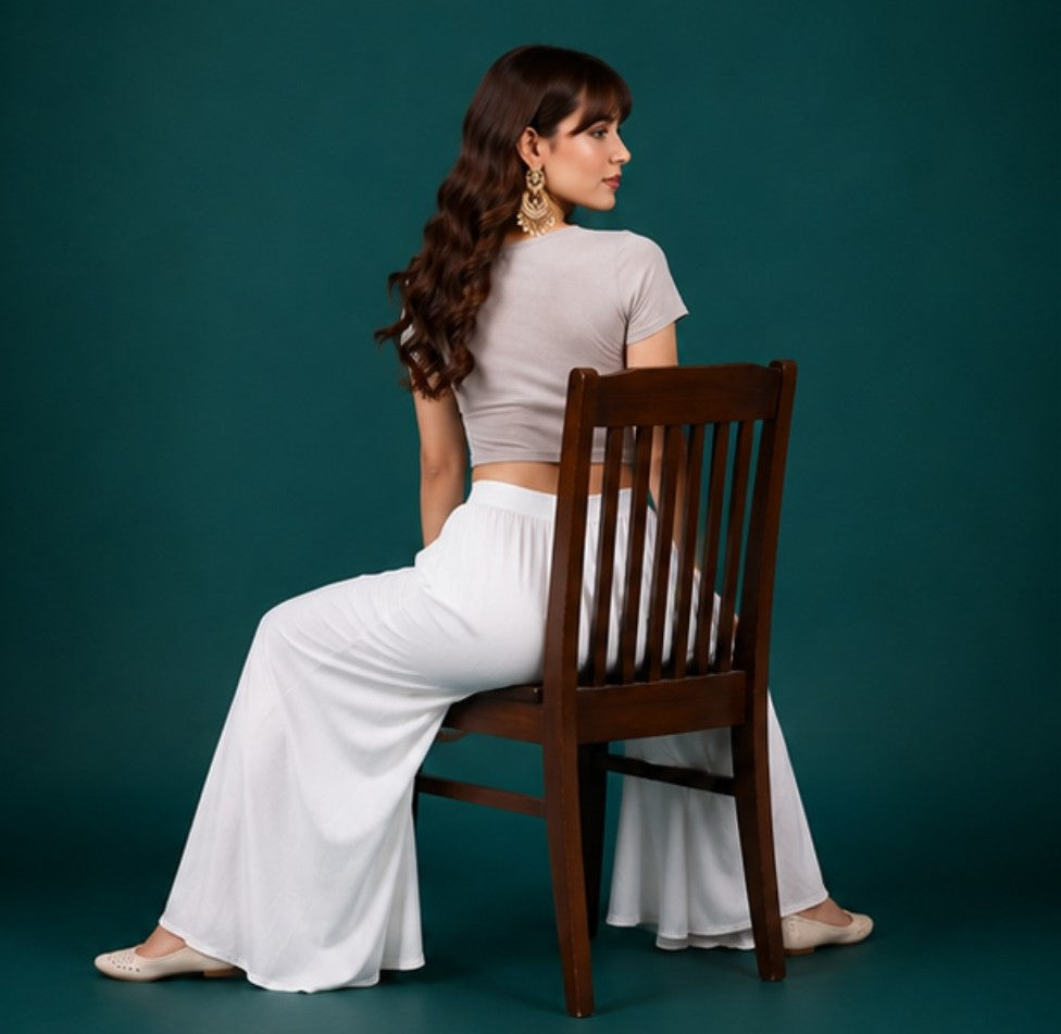 Women's Georgette Solid Mid-Rise Wide Leg Flared Palazzo with Elastic Waist (White)