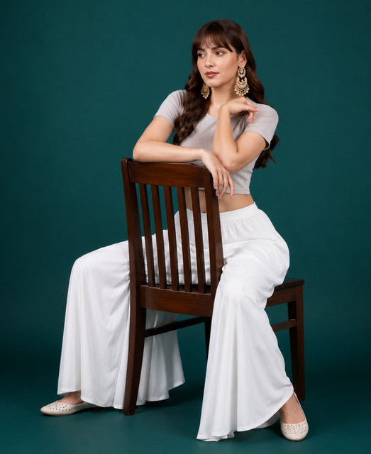 Women's Georgette Solid Mid-Rise Wide Leg Flared Palazzo with Elastic Waist (White)