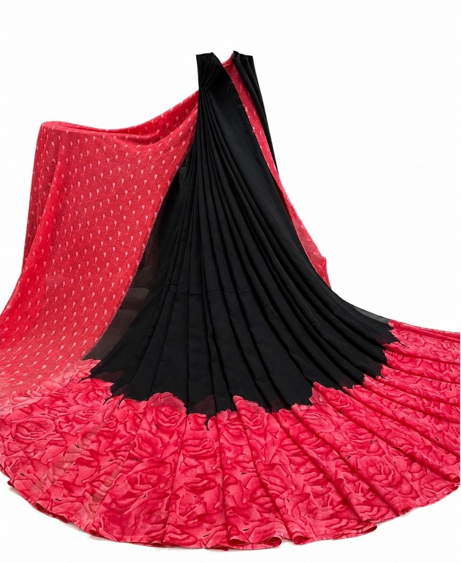 Women's Georgette Printed Saree With Unstitched Blouse 5.5Mtr (Black-Dark Pink)