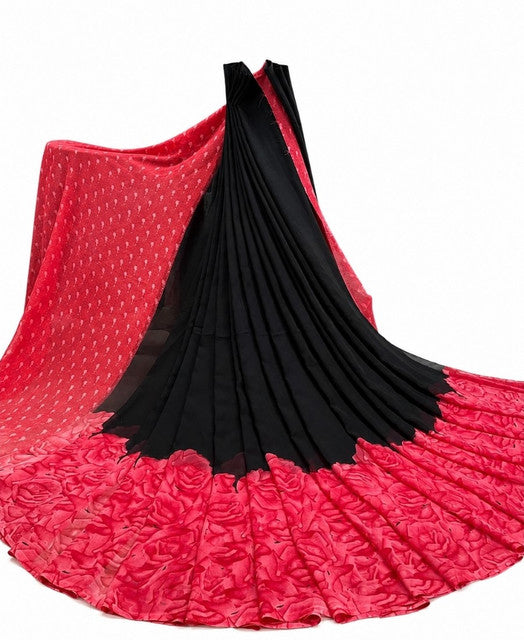 Women's Georgette Printed Saree With Unstitched Blouse 5.5Mtr (Black-Dark Pink)