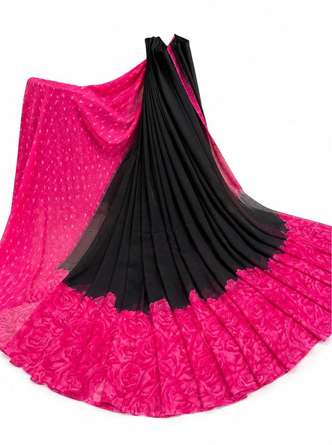 Women's Georgette Printed Saree With Unstitched Blouse 5.5Mtr (Black-Pink)