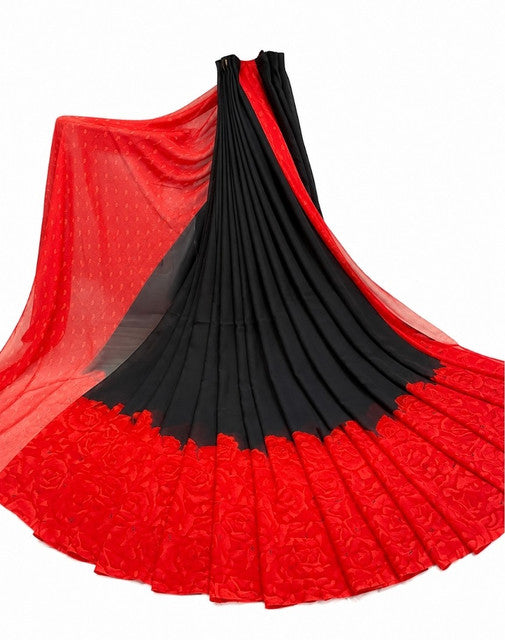Women's Georgette Printed Saree With Unstitched Blouse 5.5Mtr (Black-Red)
