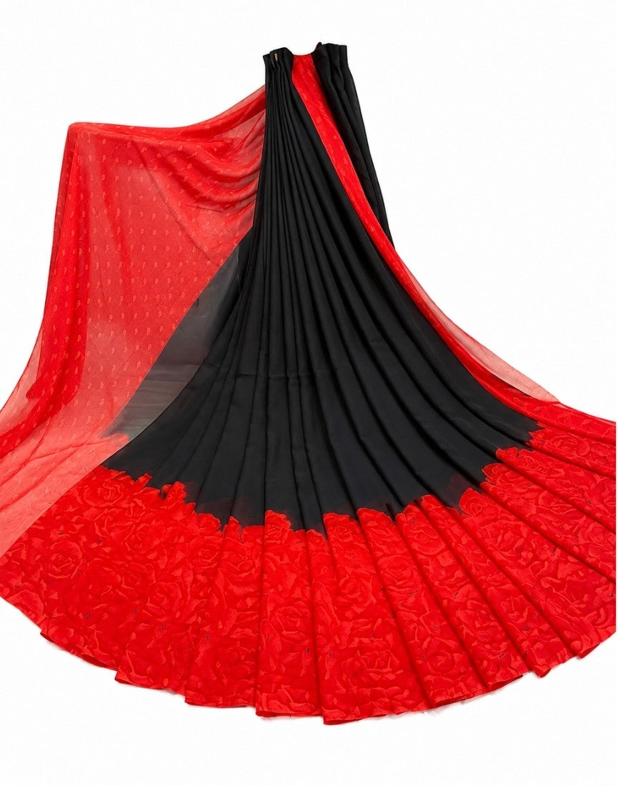 Women's Georgette Printed Saree With Unstitched Blouse 5.5Mtr (Black-Red)