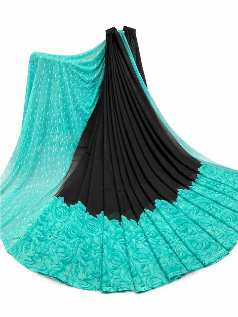 Women's Georgette Printed Saree With Unstitched Blouse 5.5Mtr (Black-Turquoise)