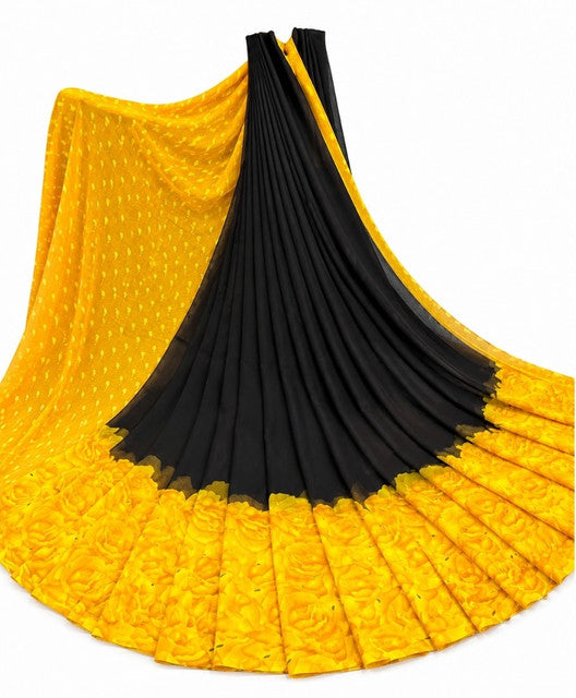 Women's Georgette Printed Saree With Unstitched Blouse 5.5Mtr (Black-Yellow)