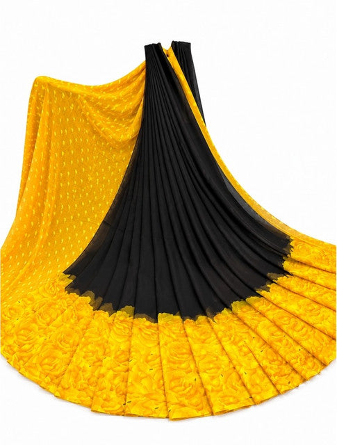 Women's Georgette Printed Saree With Unstitched Blouse 5.5Mtr (Black-Yellow)