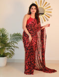 Women's Georgette Printed Saree With Unstitched Blouse 5.5Mtr (Black-Red)