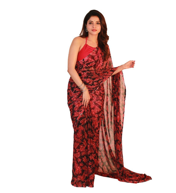 Women's Georgette Printed Saree With Unstitched Blouse 5.5Mtr (Black-Red)