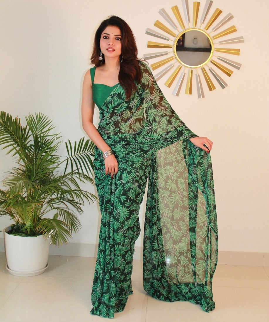 Women's Georgette Printed Saree With Unstitched Blouse 5.5Mtr (Black-Green)