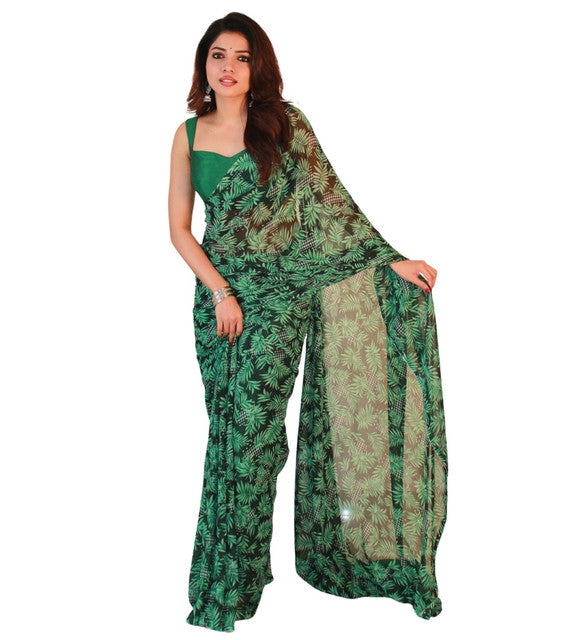 Women's Georgette Printed Saree With Unstitched Blouse 5.5Mtr (Black-Green)