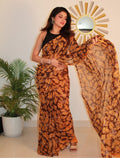 Women's Georgette Printed Saree With Unstitched Blouse 5.5Mtr (Black-Yellow)