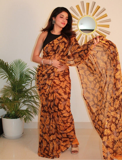 Women's Georgette Printed Saree With Unstitched Blouse 5.5Mtr (Black-Yellow)