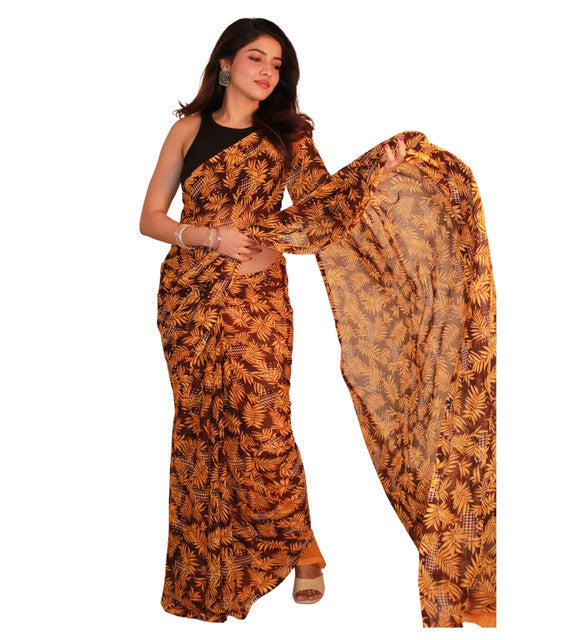 Women's Georgette Printed Saree With Unstitched Blouse 5.5Mtr (Black-Yellow)