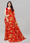 Women's Georgette Floral Printed Saree With Unstitched Blouse 5.5Mtr (Red)