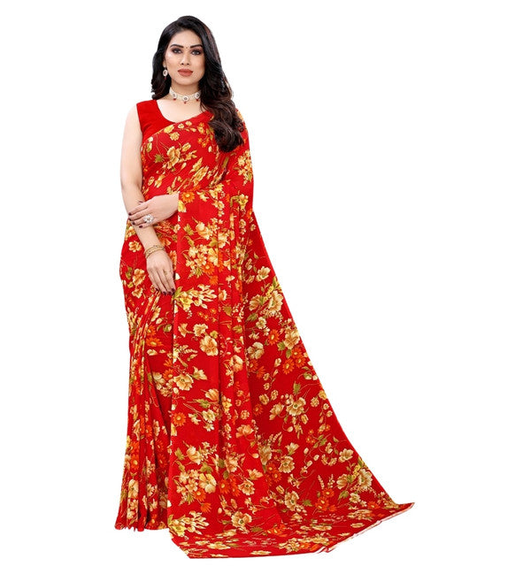 Women's Georgette Floral Printed Saree With Unstitched Blouse 5.5Mtr (Red)