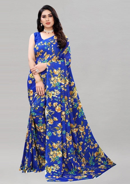 Women's Georgette Floral Printed Saree With Unstitched Blouse 5.5Mtr (Royal Blue)