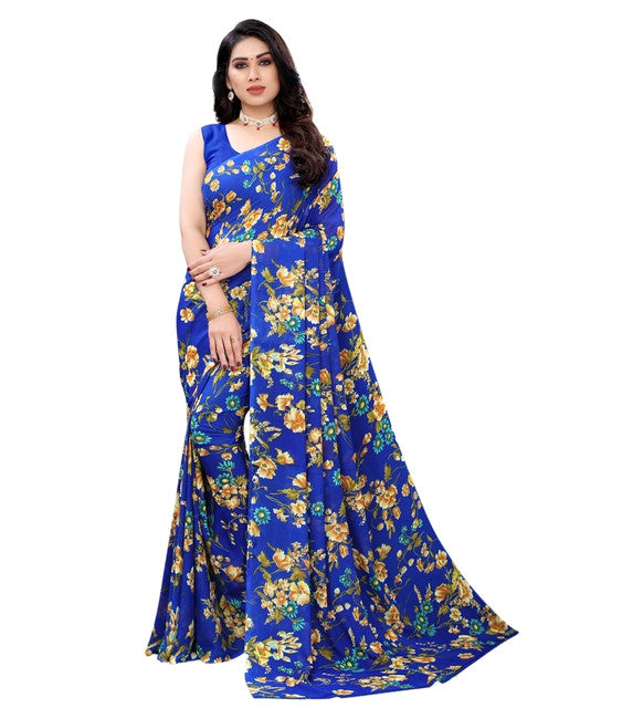 Women's Georgette Floral Printed Saree With Unstitched Blouse 5.5Mtr (Royal Blue)