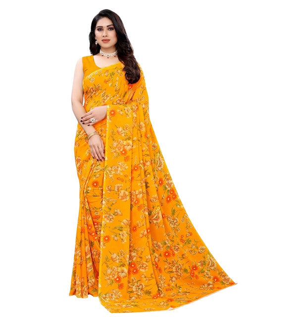 Women's Georgette Floral Printed Saree With Unstitched Blouse 5.5Mtr (Yellow)