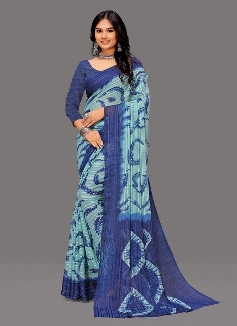 Women's Georgette Striped Printed Saree With Unstitched Blouse 5.5Mtr (Blue)