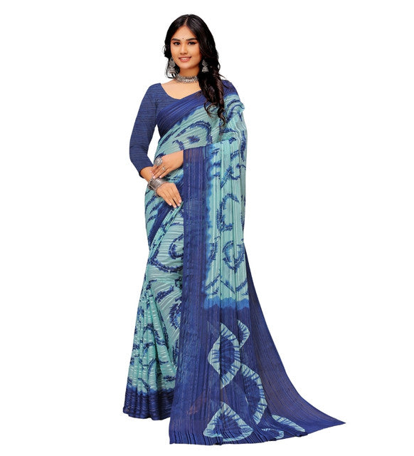 Women's Georgette Striped Printed Saree With Unstitched Blouse 5.5Mtr (Blue)