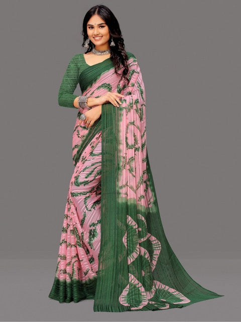 Women's Georgette Striped Printed Saree With Unstitched Blouse 5.5Mtr (Pink-Green)