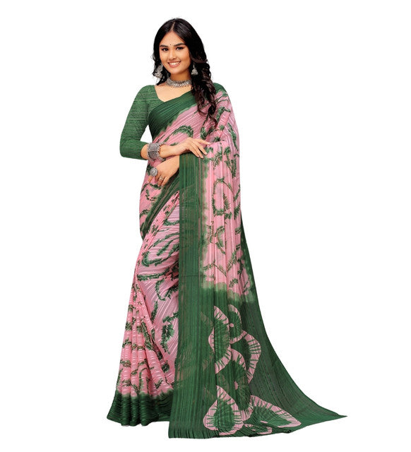 Women's Georgette Striped Printed Saree With Unstitched Blouse 5.5Mtr (Pink-Green)